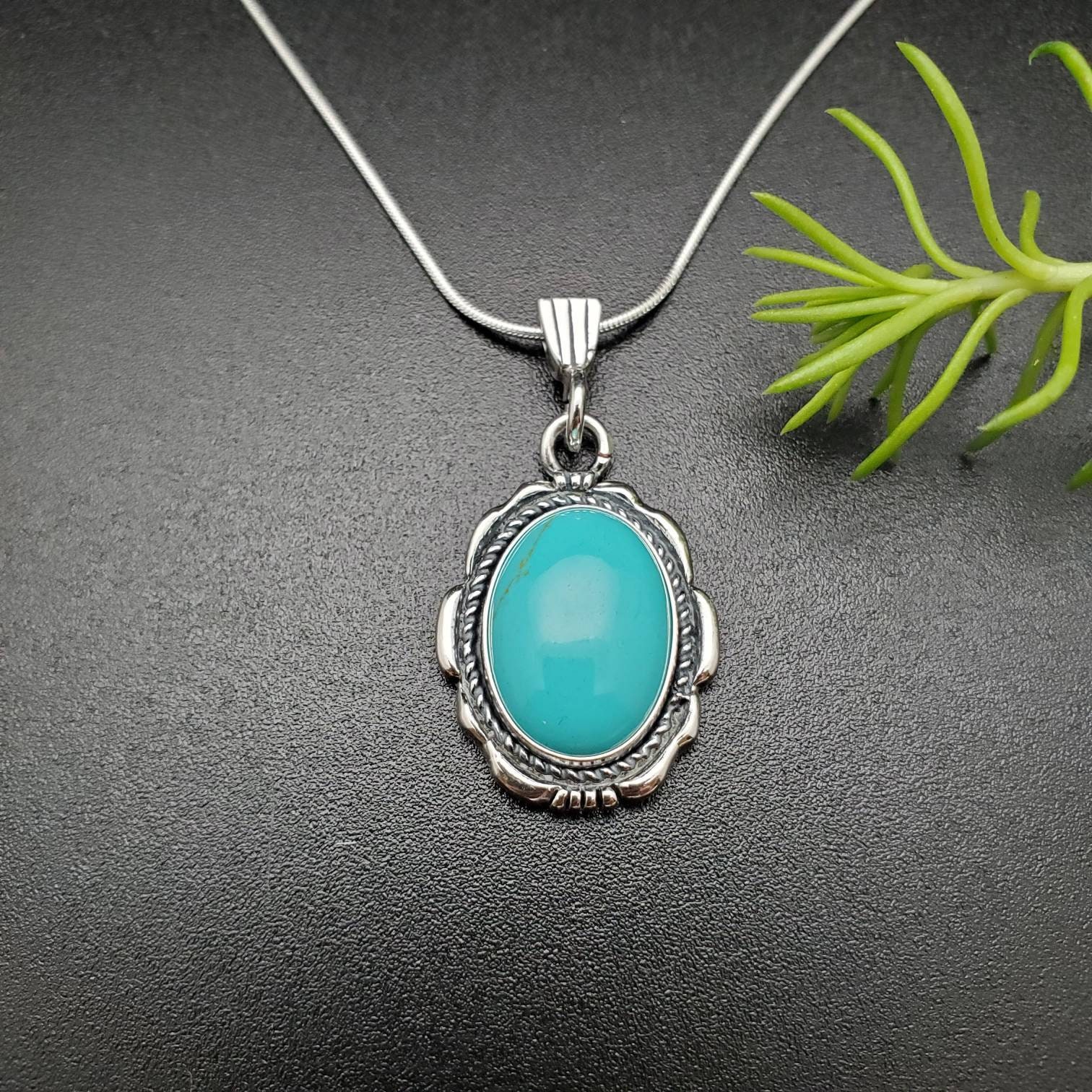 セカオワ　TurquoiseNecklace(Silver) Socute925 Large Turquoise Necklace Pendant With Silver Snake Chain