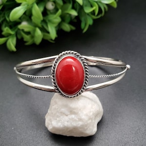STN #C232 | Dainty Red Coral Cuff Bracelet | Sterling Silver Cuff Bracelet | Bamboo Red Coral Cuff | Southwest Bracelet | Gift For Her