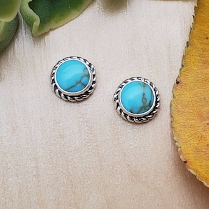 SoCute925 6mm Kingman Turquoise Sterling Silver Posts Earrings | Turquoise Studs 925 | Made in USA