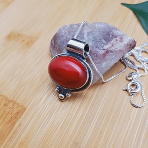 SoCute925 Big Red Coral Necklace Pendant With Silver Box Chain Necklace 18&quot; | Sterling Silver Coral Southwest Necklace | Coral Slide Pendant