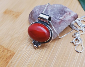SoCute925 Großer roter Korallen-Halsketten-Anhänger mit Silber-Box-Kette 18 "925 | Sterling Silber Coral Southwest Halskette | Coral Slide Anhänger