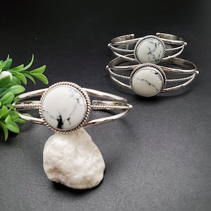 STN #C185 White Buffalo Cuff Bracelet | Sterling Silver White Turquoise Bracelet | 20mm Round White Stone Bracelet | White Buffalo Bracelet