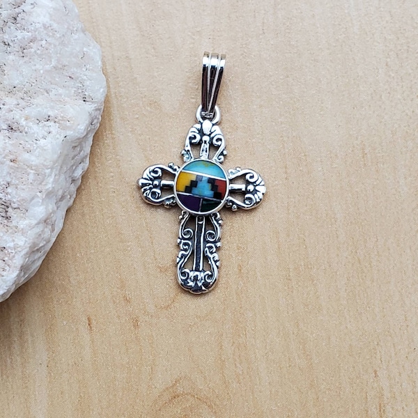 SoCute925 Small Multicolor Cross Necklace Pendant | Colorful Inlay Cross Pendant | Bright Color Pendant | Sterling Silver Cross Made in USA