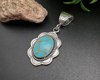 SoCute925 Big Bail Turquoise Pendant Without Chain | Kingman Turquoise Pendant | Sterling Silver Turquoise Southwest Pendant | Made in USA