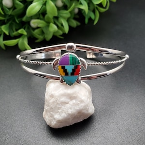 STN #C342 | Dainty Sea Turtle Cuff Bracelet | Inlay Sea Turtle Bracelet Cuff | Sterling Silver Bracelet | Multicolor Bracelet | Gift For Her