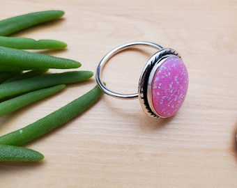 SoCute925 Rosa Opal Ring | Großer Silberring | Damen Ring | Sterling Silber Ring | Pink Opal Ring Schmuck | Zierliche Opal Ring Größe 6 - 6,5 US