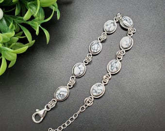 SoCute925 ホワイトバッファローストーンブレスレット | オーバル型スターリングシルバー ホワイトターコイズリンクブレスレット | ミニマリストブレスレット | ボヘミアン