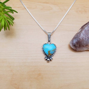 SoCute925 Kingman Turquoise Necklace Pendant With Silver Box Chain 18&quot; | Turquoise Heart Necklace | Southwest Turquoise Necklace Made in USA