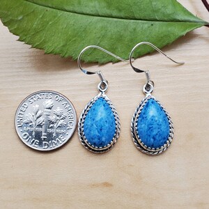 May include: A pair of silver dangle earrings with blue stone teardrop shaped drops. The stones have a speckled pattern and are set in a silver bezel with a decorative edge.
