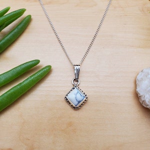 SoCute925 Small White Buffalo Turquoise Necklace Pendant With Silver Chain 16&quot; | Sterling Silver White Turquoise Pendant | Turquoise Square
