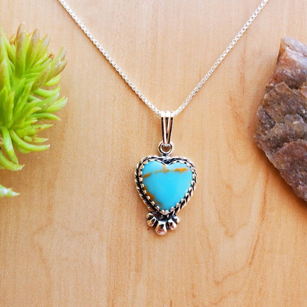 SoCute925 Dainty Turquoise Heart Necklace Pendant With Silver Box Chain Necklace 18" | Sterling Silver Kingman Turquoise Necklace