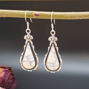 SoCute925 Large White Buffalo Turquoise Earrings | White Turquoise Dangle Earrings |Turquoise Teardrop Sterling Silver Earrings Made in USA