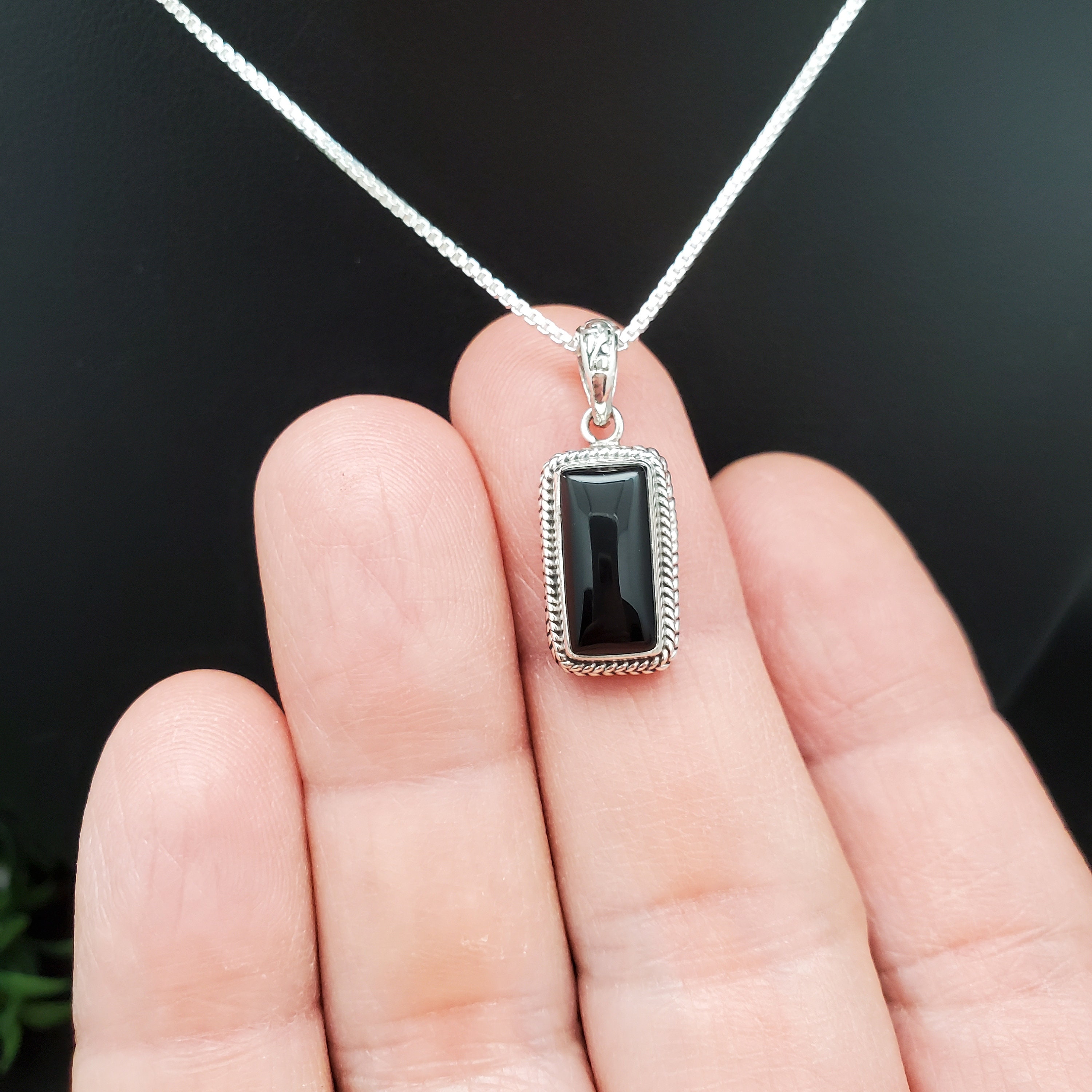 STN #60 | 7x14mm Rectangle Black Onyx Necklace Pendant With STN #60 | 7x14mm Rectangle Black Onyx Necklace Pendant With
