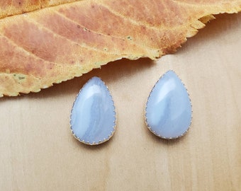 SoCute925 Dainty Blue Lace Agate Earrings | Sterling Silver Jewelry | Blue Lace Agate Post Earrings | Silver Agate Stud Earrings Made in USA