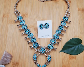 SoCute925 Clustered Sleeping Beauty Turquoise Squash Blossom Necklace 20 Inches | Sterling Silver Turquoise Necklace | Turquoise Necklace