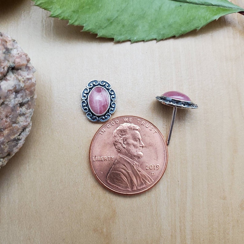 Small Pink Rhodochrosite Stud Earrings Small Pink Stone Stud Earrings Made in USA SoCute925 Tiny Oval Pink Rhodochrosite Post Earrings
