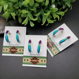 HE-13 | Multicolor Inlay Hoop Earrings | Sterling Silver Color Inlay Hoops | Multicolor Earring Posts | Dainty Turquoise Inlay Hoop Posts