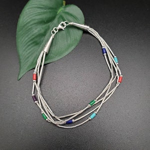 SoCute925 Liquid Silver Bracelet 7.25 inch With Tiny Color Heishi Beads | Sterling Silver Southwestern Multi Strand Bracelet Made in USA