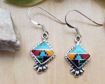 SoCute925 Colorful Inlay Multicolor Dangle Earrings | Multicolor Southwest Earrings | Sterling Silver Southwestern Jewelry Made in USA