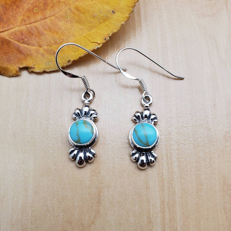 Gift For Her SoCute925 Small Kingman Turquoise Earrings 925 Sterling Silver Turquoise Dangle Earrings Dainty Turquoise Silver Earrings