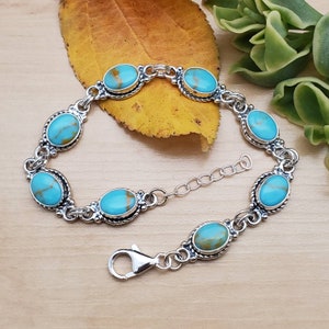 SoCute925 Kingman Turquoise Bracelet | Oval Shape Sterling Silver Turquoise Link Bracelets | Link | Minimalist Bracelet | Boho | Made in USA