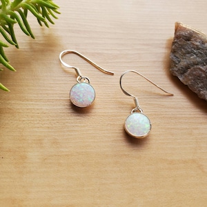May include: A pair of silver dangle earrings with white opal stones. The earrings have a simple design and are perfect for everyday wear.