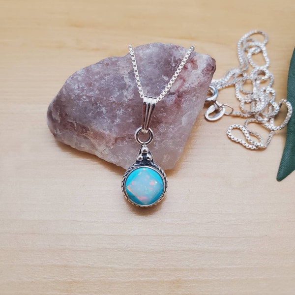 SoCute925 Small Inlay Turquoise White Opal Necklace Pendant With Silver Box Chain Necklace 18 Inches | Sterling Silver Southwestern Necklace
