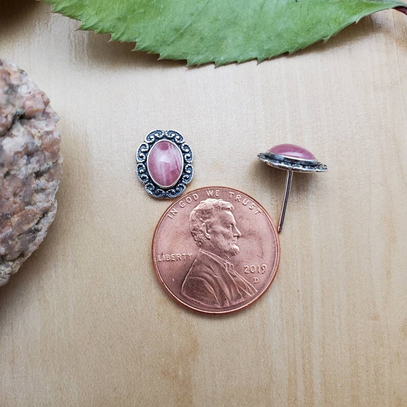 Small Pink Rhodochrosite Stud Earrings Small Pink Stone Stud Earrings Made in USA SoCute925 Tiny Oval Pink Rhodochrosite Post Earrings