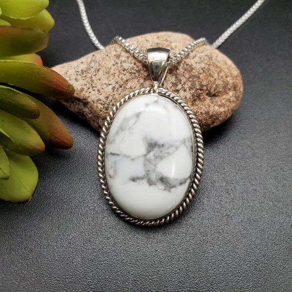 STN #73 | Oval White Buffalo Stone Necklace Pendant With Silver