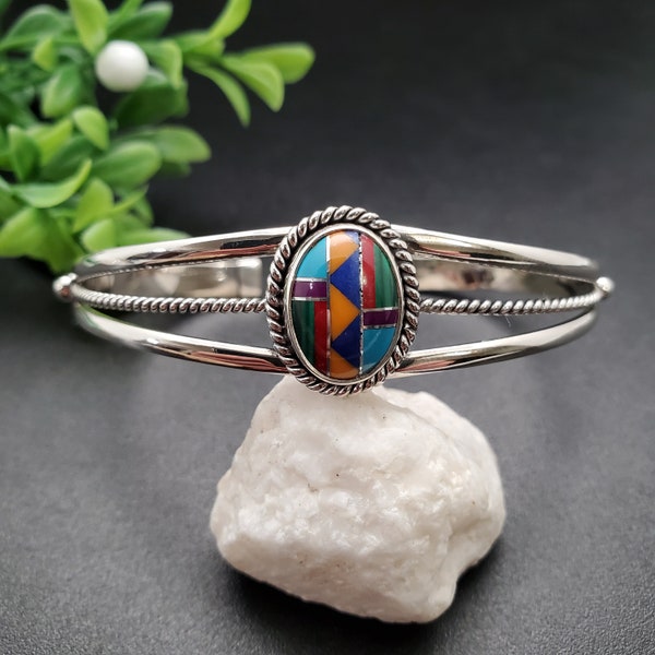 STN#C177 Dainty Multicolor Bracelet Cuff | Sterling Silver Inlay Southwestern Bracelet Cuff | Big Simple Cuff Signed Sonny TN | Inlay Cuff