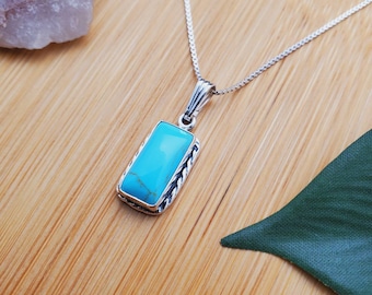 SoCute925 Rectangle Kingman Turquoise Necklace Pendant With Silver Box Chain Necklace 18 Inches | Small Sterling Silver Southwest Necklace