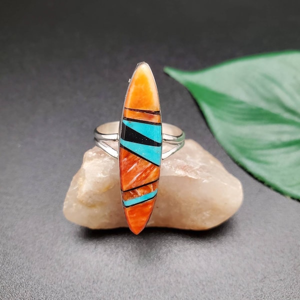 J #R10 Dainty Multicolor Inlay Ring | Navajo Handmade Silver Inlay Ring | Sterling Silver Multicolor Rings | Turquoise Spiny Oyster Rings