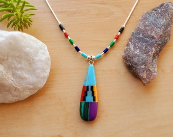 SoCute925 - Colgante multicolor grande con collar de plata líquida de 40,6 cm / Collar de plata de ley / Colgante multicolor del suroeste