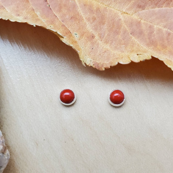 SoCute925 Tiny Stud Earrings | 4mm Small Red Coral Studs | Small Red Bamboo Coral Round Studs | Everyday Studs | Made in USA