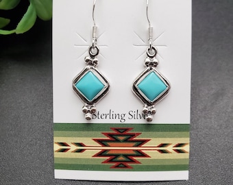 Lovely Kingman Turquoise Earrings | Sterling Silver Square Turquoise Dangle | Turquoise Drops | Sterling Silver Boho Earrings | Gift For Her