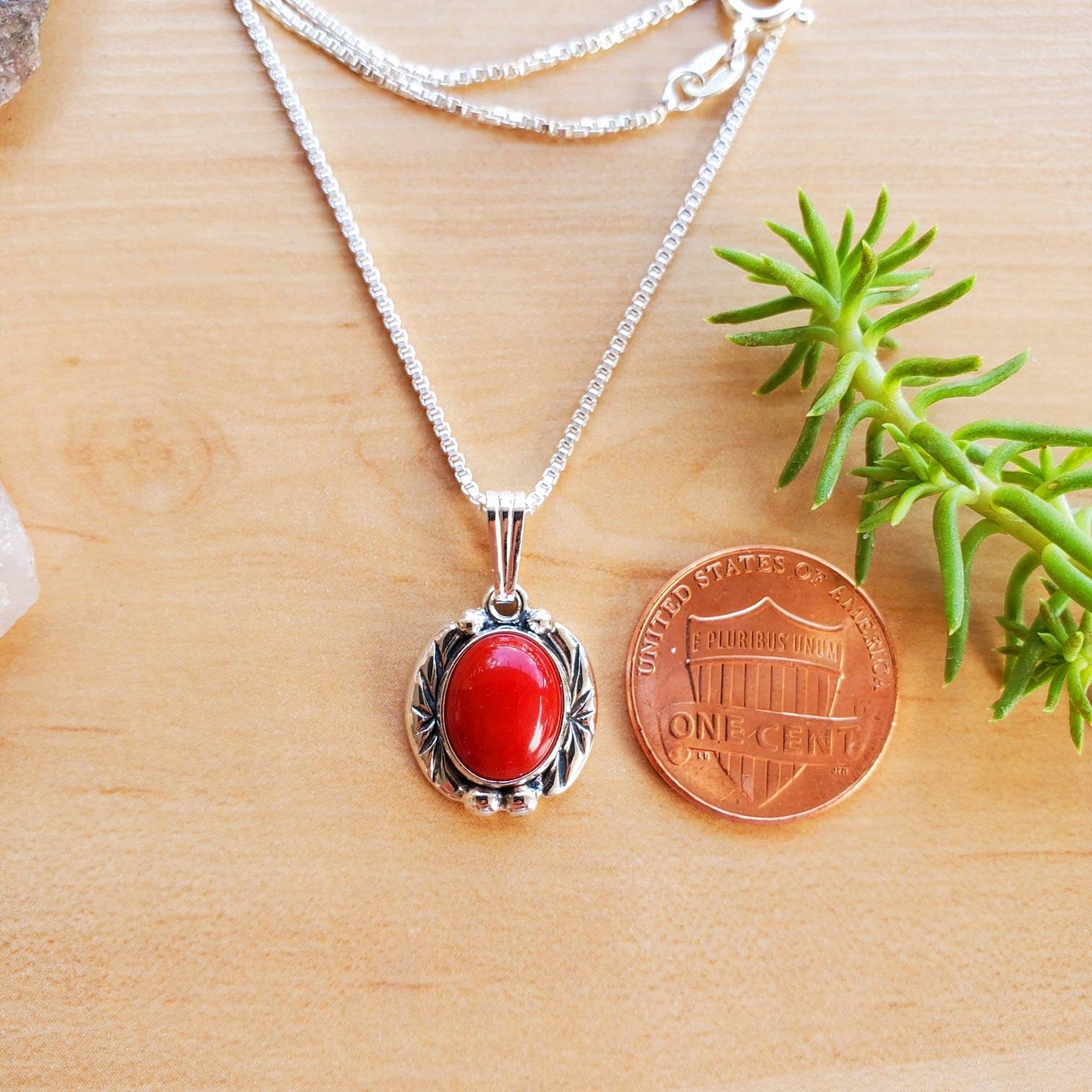 Socute925 Red Coral Pendant With Silver Box Chain Necklace Etsy