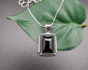 SoCute925 Big Rectangle Black Onyx Necklace Pendant With Silver Box Chain Necklace 18 Inches | Sterling Silver Black Onyx Southwest Necklace