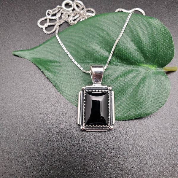 SoCute925 Big Rectangle Black Onyx Necklace Pendant With Silver Box Chain Necklace 18 Inches | Sterling Silver Black Onyx Southwest Necklace