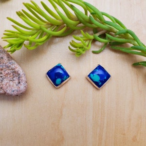 SoCute925 8mm Square Azurite Malachite Stud Earrings | Sterling Silver Post Earrings | Square Studs | Small Azurite Studs | Azurite Earrings