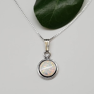 SoCute925 Dainty White Opal Pendant With Options Of Silver Box Chain Necklace 16&quot; or 18&quot; | Cute Sterling Silver Fire White Opal Jewelry