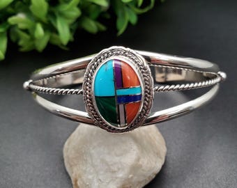 STN #C212 | Multicolor Inlay Cuff Bracelet | Sterling Silver Inlay Bracelet Cuff | Big Bright Multicolor Southwest Bracelet | Gift For Her