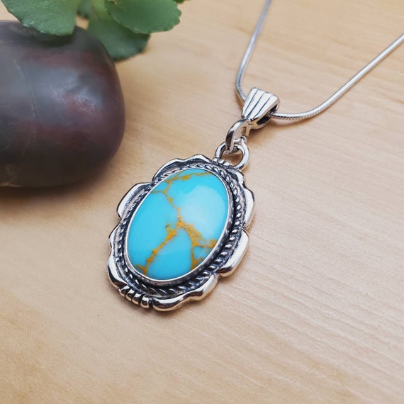 Socute925 Large Turquoise Necklace Pendant With Silver Snake Chain