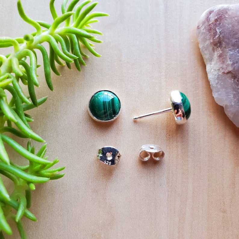 SoCute925 8mm Malachite Studs Simple Sterling Silver Malachite Post Earrings Dainty Silver Stud Earrings Malachite Jewelry Made in USA image 5