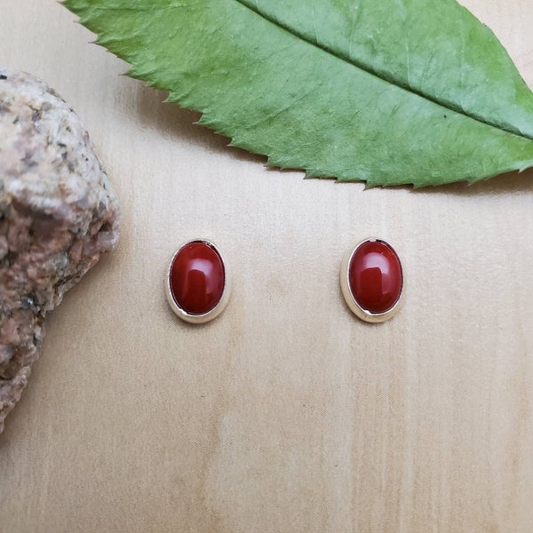 SoCute925 Small Oval Red Coral Post Earrings | Red Stone Studs | Small Coral Stud Earrings | Sterling Silver Earring Posts | Simple Studs