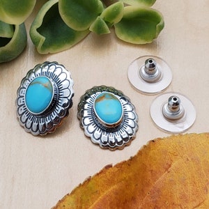 SoCute925 Kingman Turquoise 925 Sterling Silver Concho Earrings | Stamping Turquoise Studs | Concho Earring Studs | Minimalist Concho Studs
