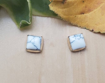 SoCute925 6mm Square White Buffalo Turquoise Stud Earrings | Square White Turquoise Studs | Sterling Silver Dainty Square Studs Made in USA