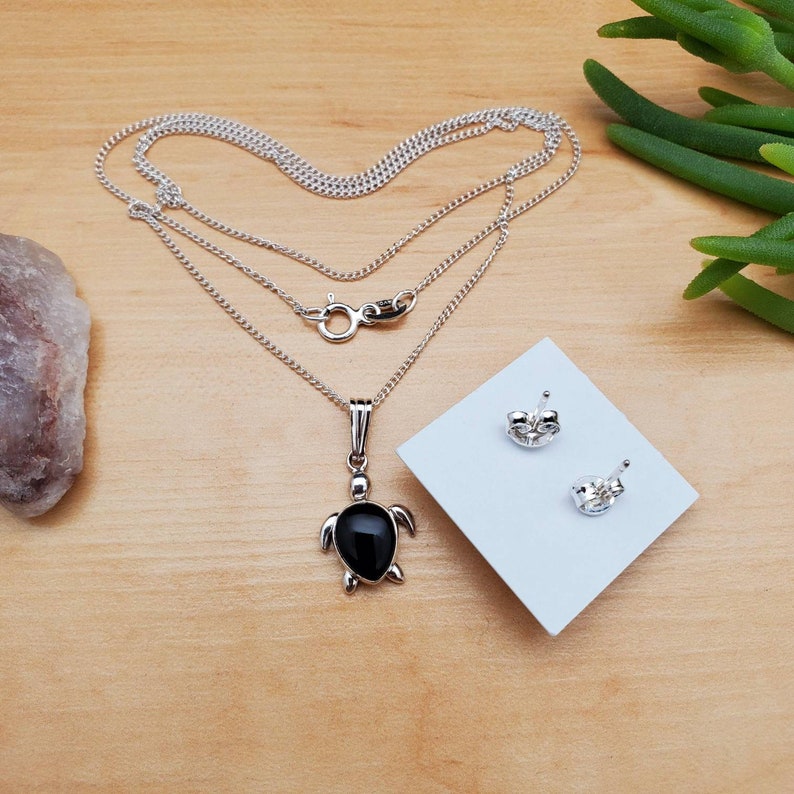 May include: A silver necklace with a black onyx turtle pendant and matching earrings. The necklace has a delicate chain and the turtle pendant is detailed with a smooth, black onyx stone.