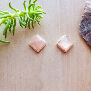 SoCute925 8mm Pink Mother of Pearl Post Earrings | Sterling Silver Pink Studs | Pink Shell Earrings | Dainty Pink Post Earrings Made in USA