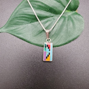 Simple Rectangle Multicolor Inlay Necklace Pendant With Silver Chain Necklace 18 | Sterling Silver Multicolor Inlay Pendant | Simple Pendant
