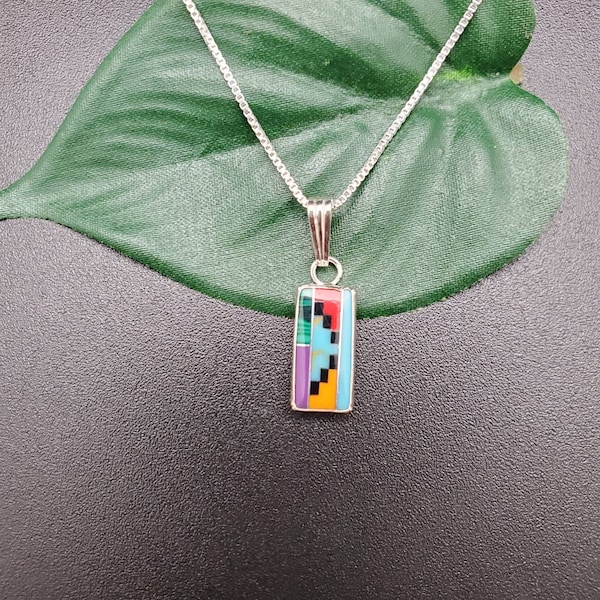 Simple Rectangle Multicolor Inlay Necklace Pendant With Silver Chain Necklace 18 | Sterling Silver Multicolor Inlay Pendant | Simple Pendant